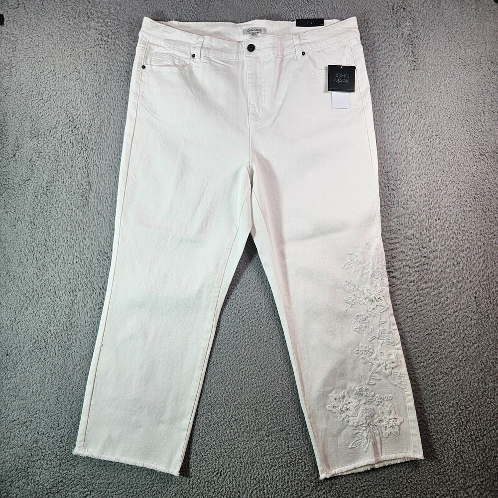 $129 NWT‎ John Mark Jeans Women 18 W Ankle Floral Embroidered Stretch White  NEW